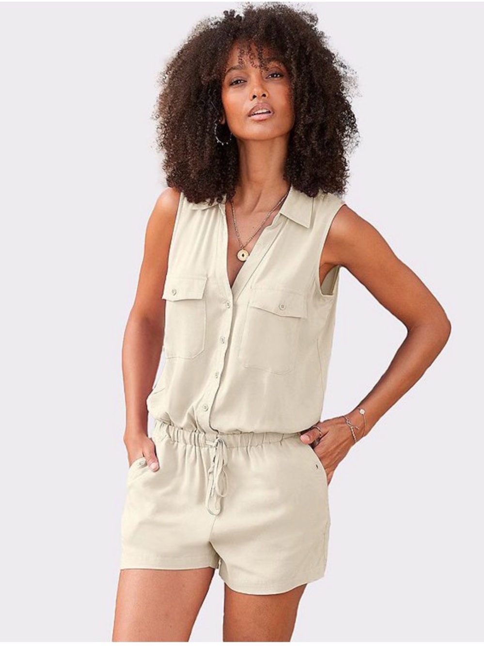 Sleeveless Cream Utility Romper with Drawstring